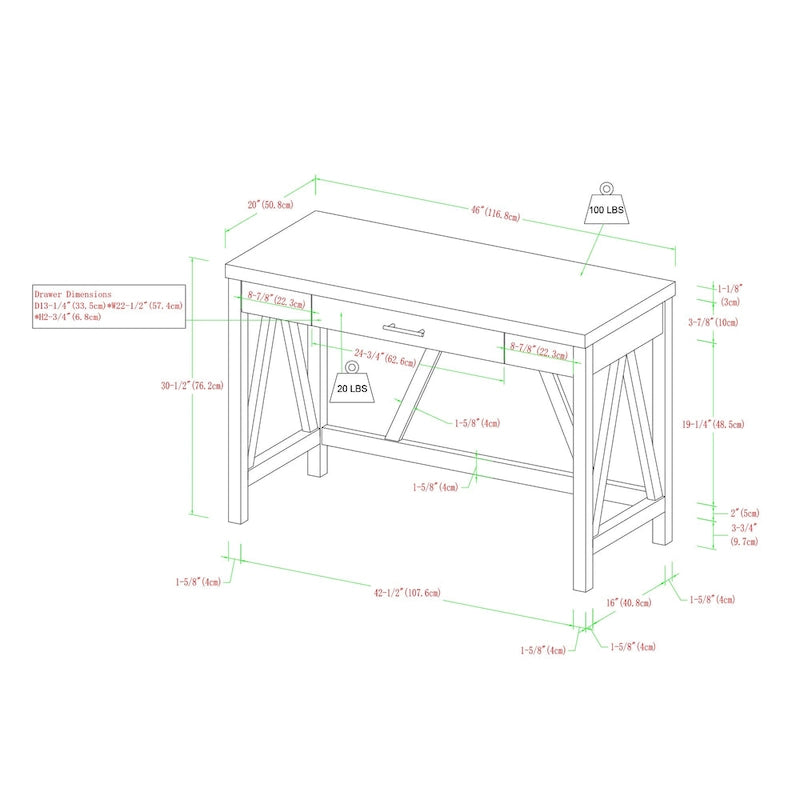Paradise Hill A-Frame Writing Desk with Center Drawer – MDF & Laminate