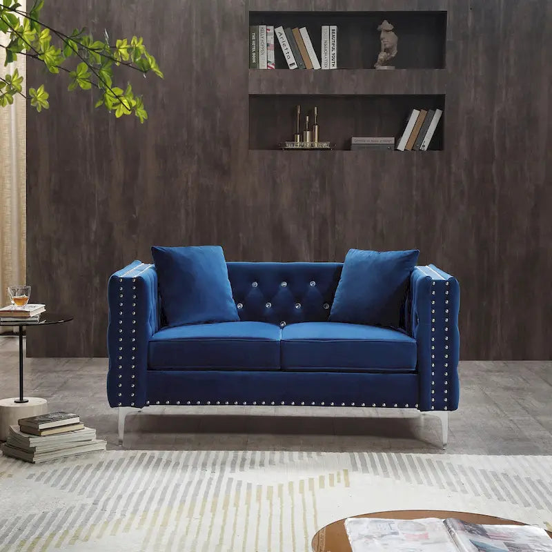 Square Arm Velvet Loveseat with Jeweled buttons and 2 Pillows