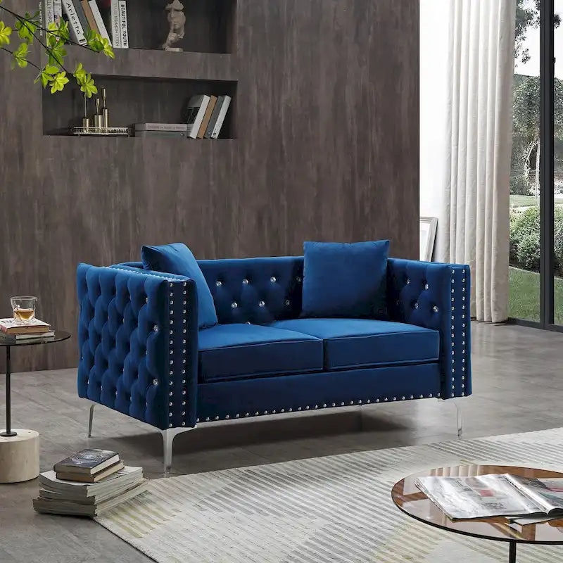 Square Arm Velvet Loveseat with Jeweled buttons and 2 Pillows