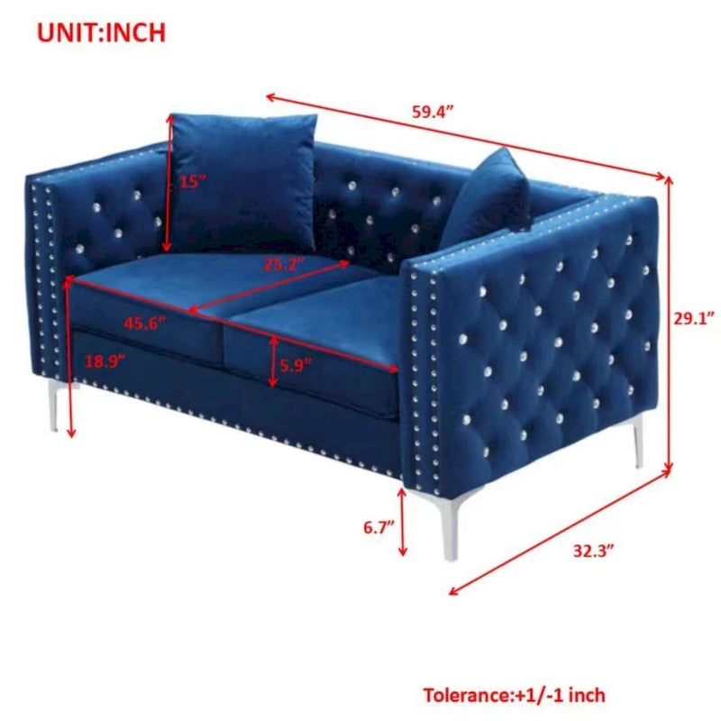 Square Arm Velvet Loveseat with Jeweled buttons and 2 Pillows