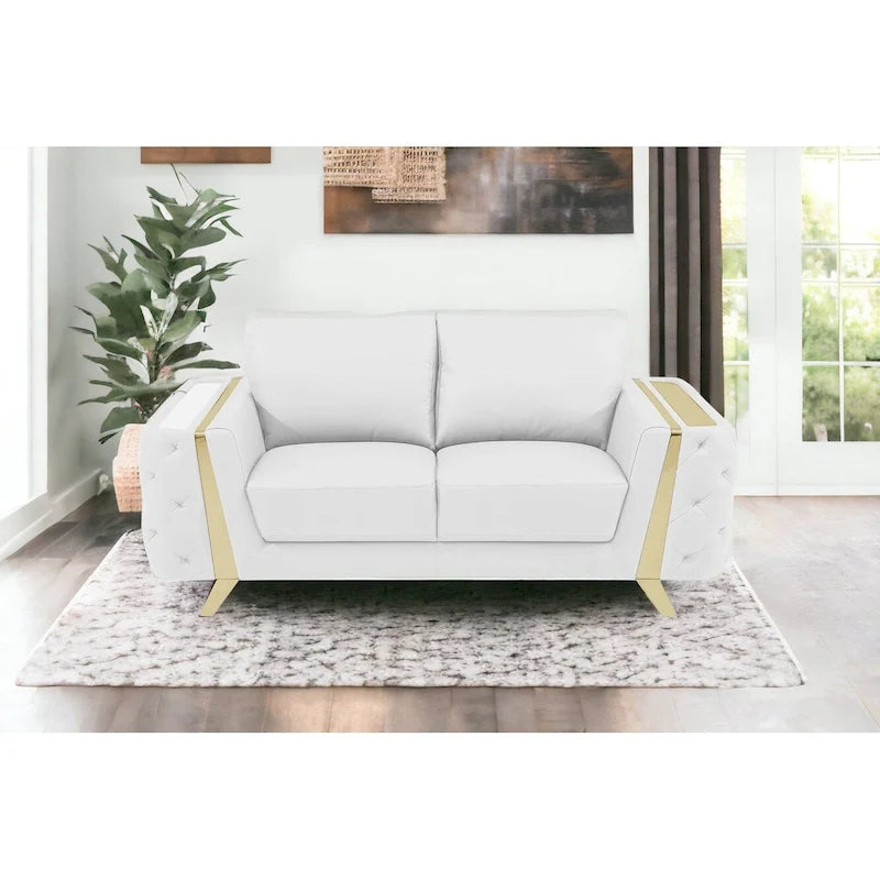 72-Inch White & Gold Genuine Leather Loveseat with Gold Metal Legs – Seats 2, 600 lb Capacity