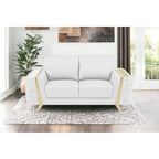 72-Inch White & Gold Genuine Leather Loveseat with Gold Metal Legs – Seats 2, 600 lb Capacity