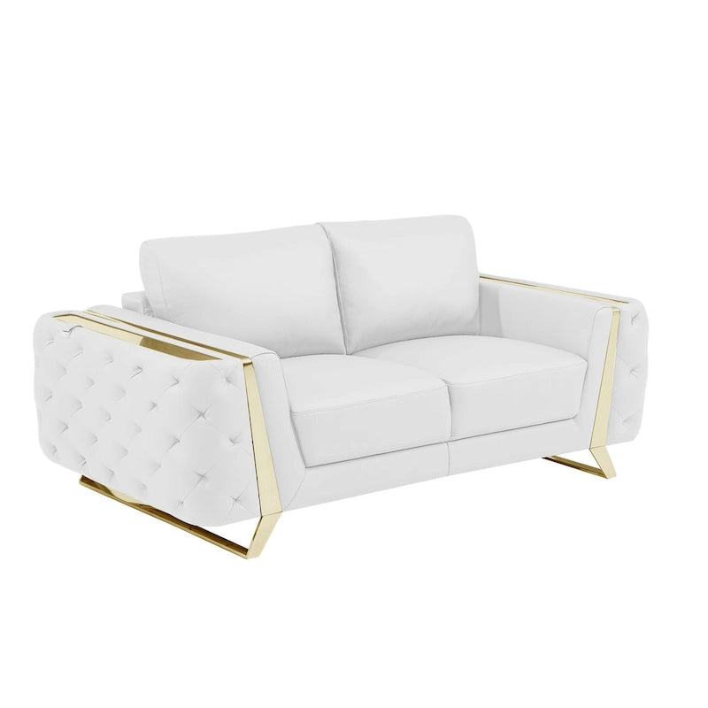 72-Inch White & Gold Genuine Leather Loveseat with Gold Metal Legs – Seats 2, 600 lb Capacity