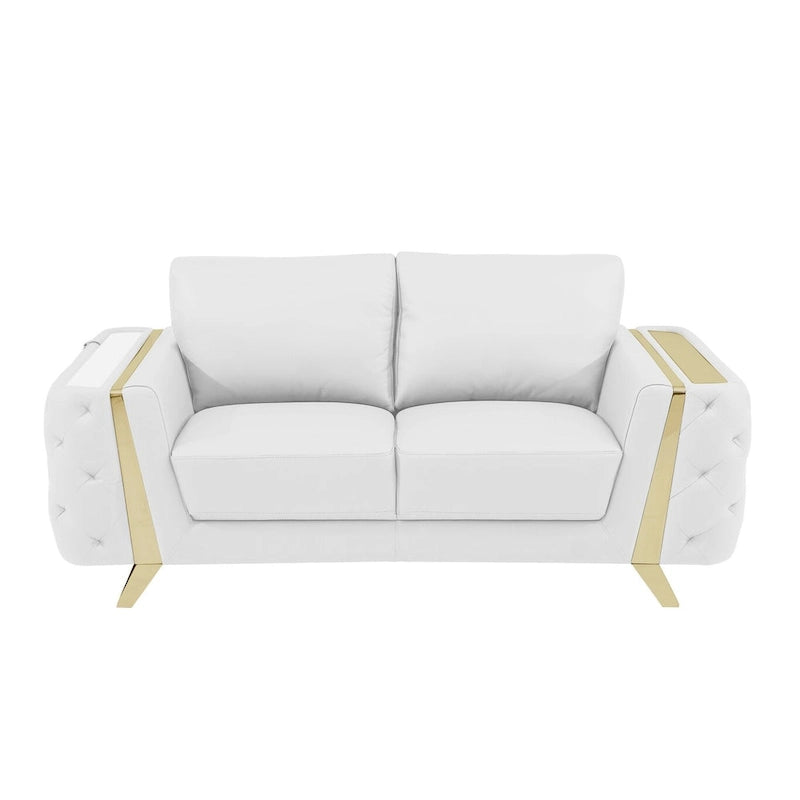 72-Inch White & Gold Genuine Leather Loveseat with Gold Metal Legs – Seats 2, 600 lb Capacity