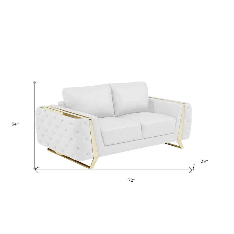 72-Inch White & Gold Genuine Leather Loveseat with Gold Metal Legs – Seats 2, 600 lb Capacity