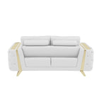72-Inch White & Gold Genuine Leather Loveseat with Gold Metal Legs – Seats 2, 600 lb Capacity