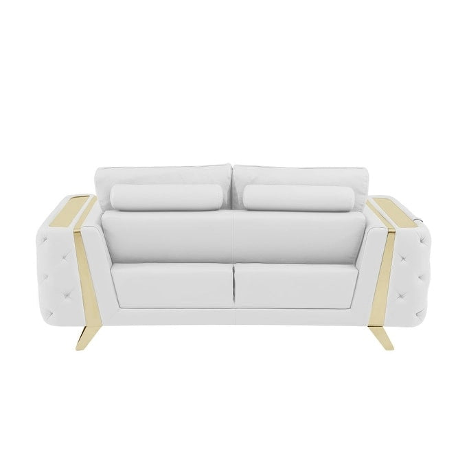 72-Inch White & Gold Genuine Leather Loveseat with Gold Metal Legs – Seats 2, 600 lb Capacity