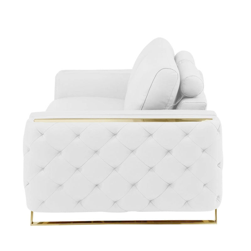 72-Inch White & Gold Genuine Leather Loveseat with Gold Metal Legs – Seats 2, 600 lb Capacity