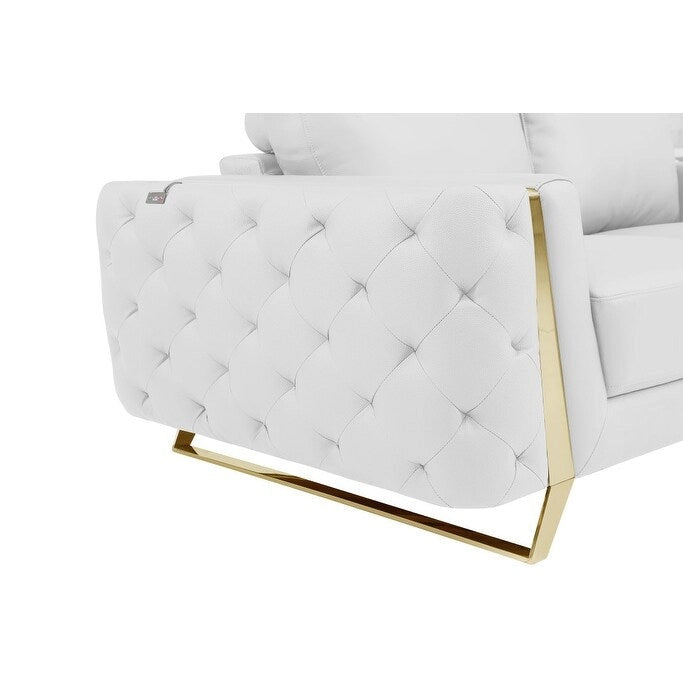 72-Inch White & Gold Genuine Leather Loveseat with Gold Metal Legs – Seats 2, 600 lb Capacity