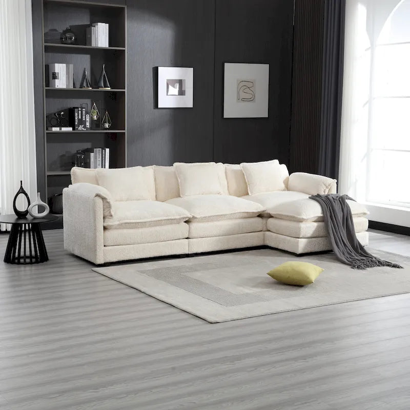 Beige 112" L-Shape 4-Seater Sectional Sofa – Boucle Fabric, Removable Cushions & Armrests