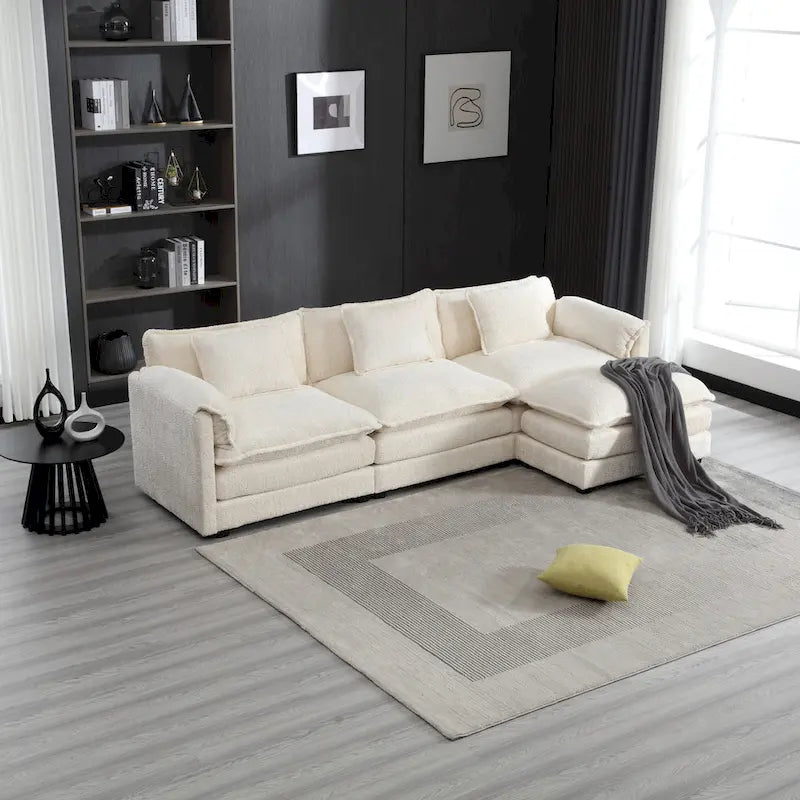 Beige 112" L-Shape 4-Seater Sectional Sofa – Boucle Fabric, Removable Cushions & Armrests