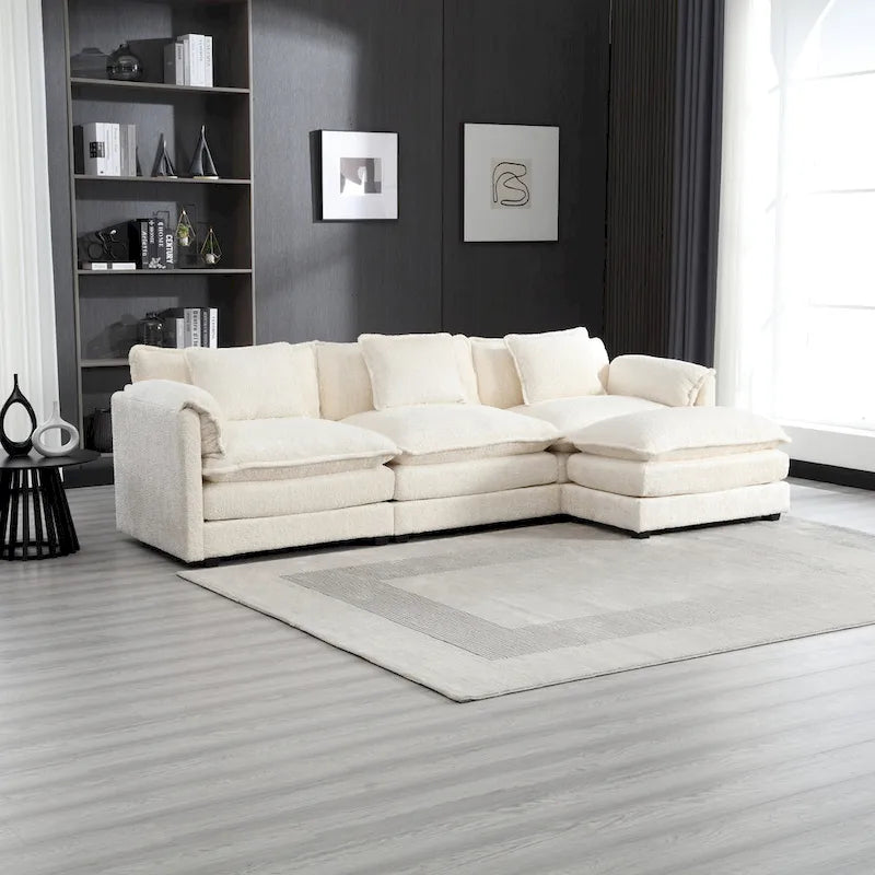 Beige 112" L-Shape 4-Seater Sectional Sofa – Boucle Fabric, Removable Cushions & Armrests