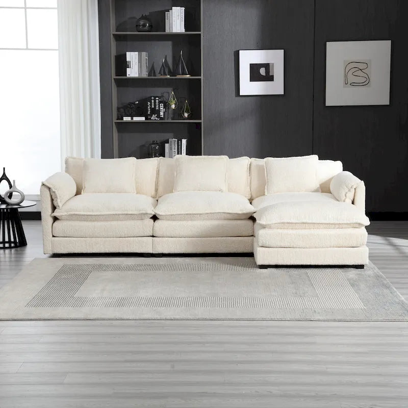 Beige 112" L-Shape 4-Seater Sectional Sofa – Boucle Fabric, Removable Cushions & Armrests