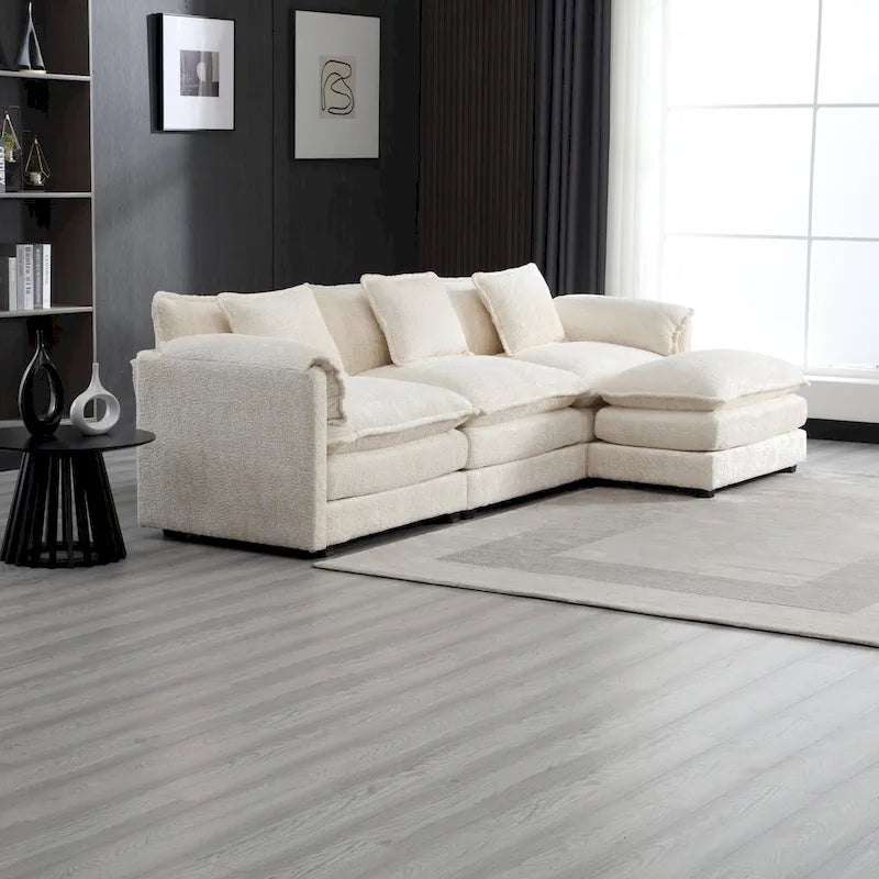 Beige 112" L-Shape 4-Seater Sectional Sofa – Boucle Fabric, Removable Cushions & Armrests
