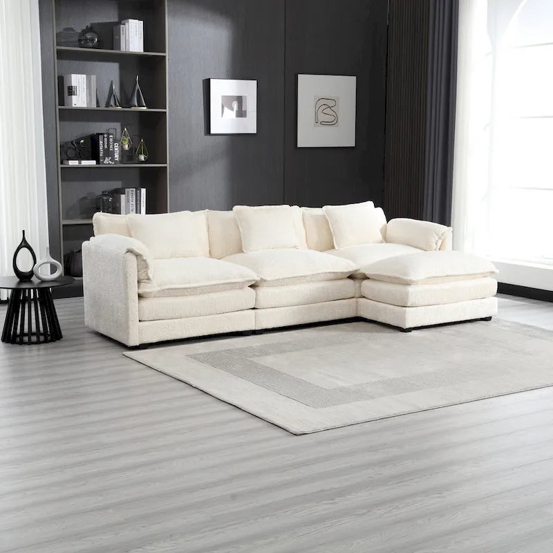 Beige 112" L-Shape 4-Seater Sectional Sofa – Boucle Fabric, Removable Cushions & Armrests