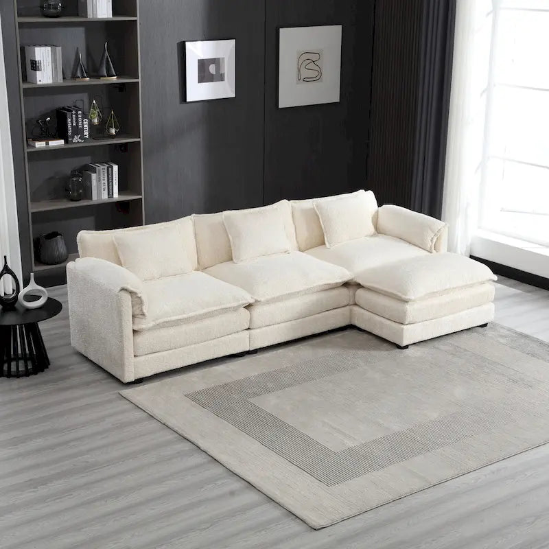 Beige 112" L-Shape 4-Seater Sectional Sofa – Boucle Fabric, Removable Cushions & Armrests