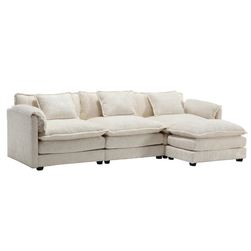 Beige 112" L-Shape 4-Seater Sectional Sofa – Boucle Fabric, Removable Cushions & Armrests