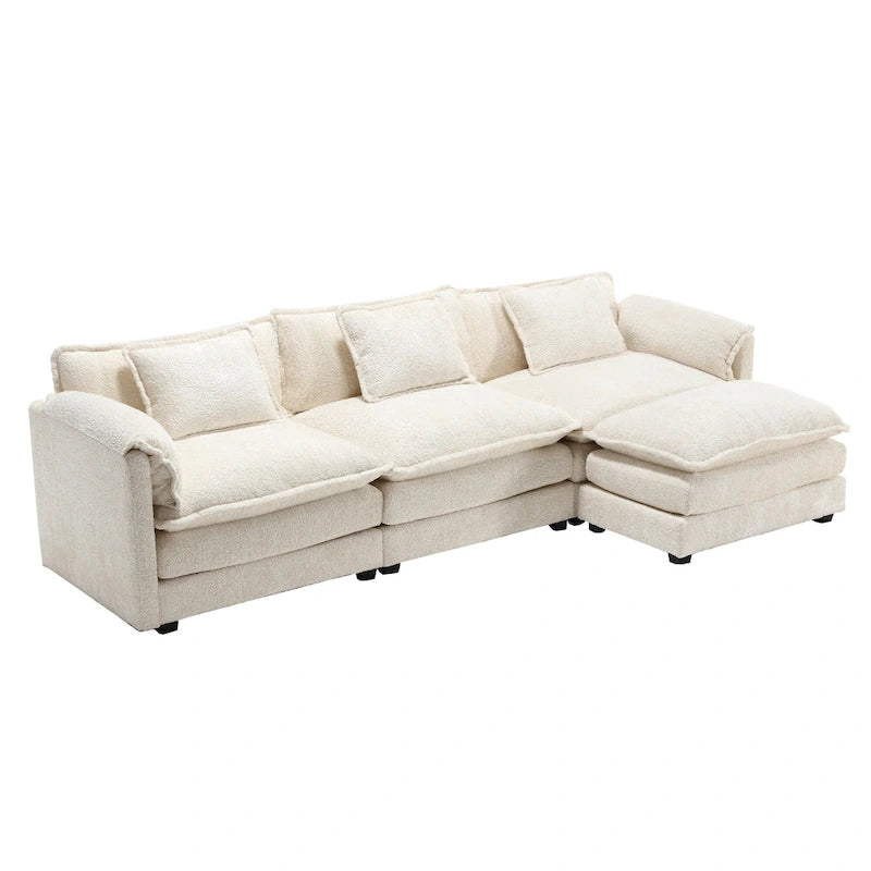 Beige 112" L-Shape 4-Seater Sectional Sofa – Boucle Fabric, Removable Cushions & Armrests