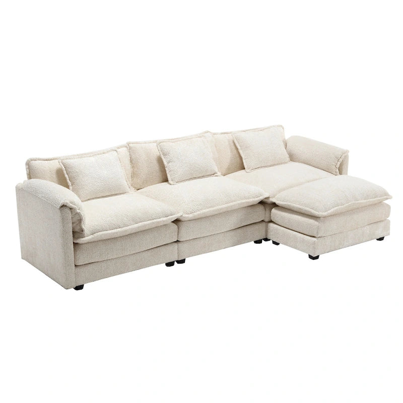 Beige 112" L-Shape 4-Seater Sectional Sofa – Boucle Fabric, Removable Cushions & Armrests