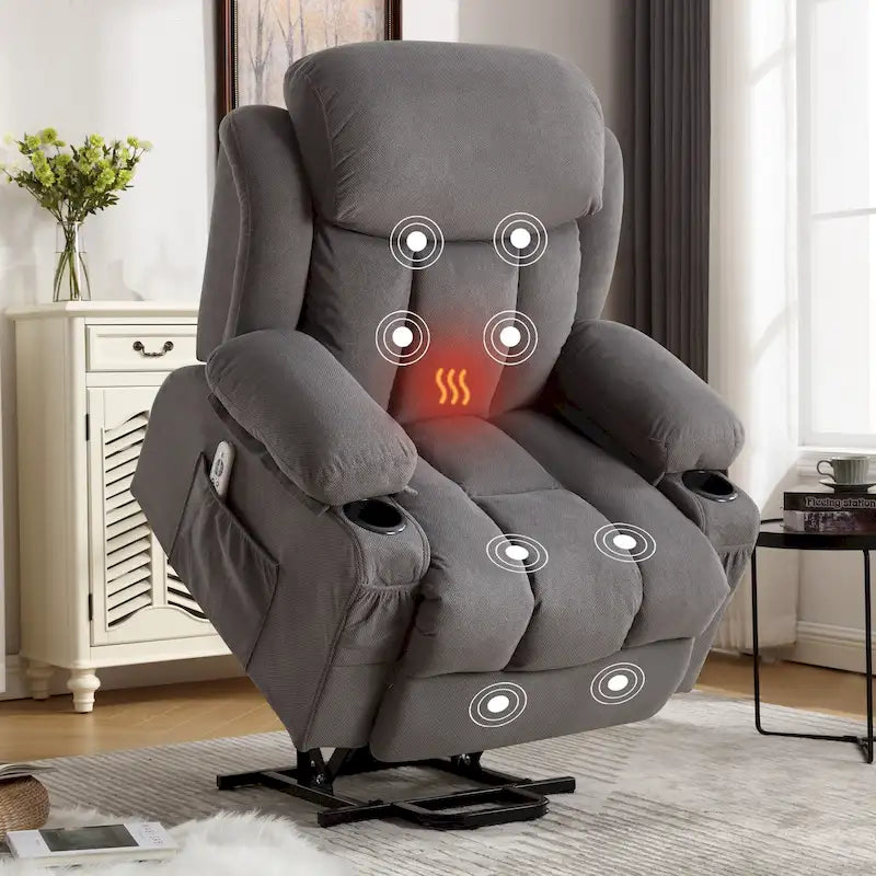 Grey Electric Power Lift Recliner with Heat, Massage, USB Port & Side Pockets
