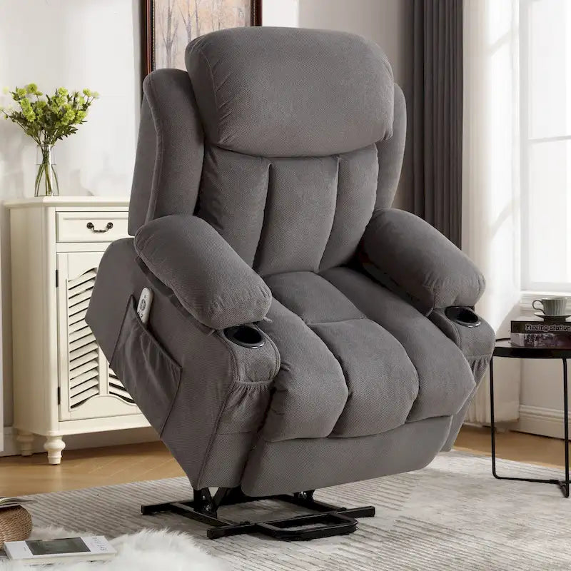 Grey Electric Power Lift Recliner with Heat, Massage, USB Port & Side Pockets