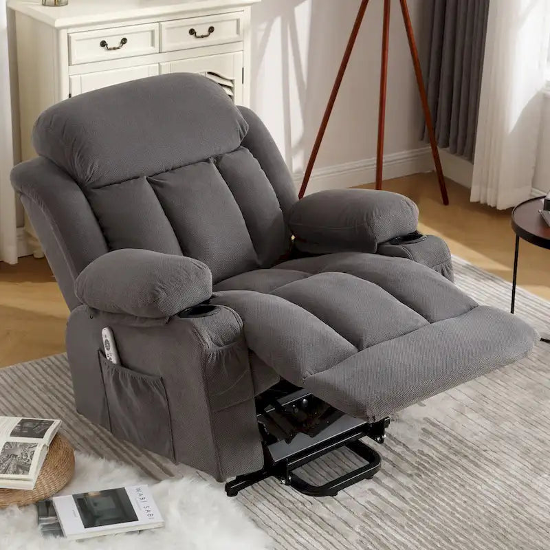 Grey Electric Power Lift Recliner with Heat, Massage, USB Port & Side Pockets