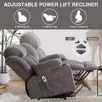 Grey Electric Power Lift Recliner with Heat, Massage, USB Port & Side Pockets