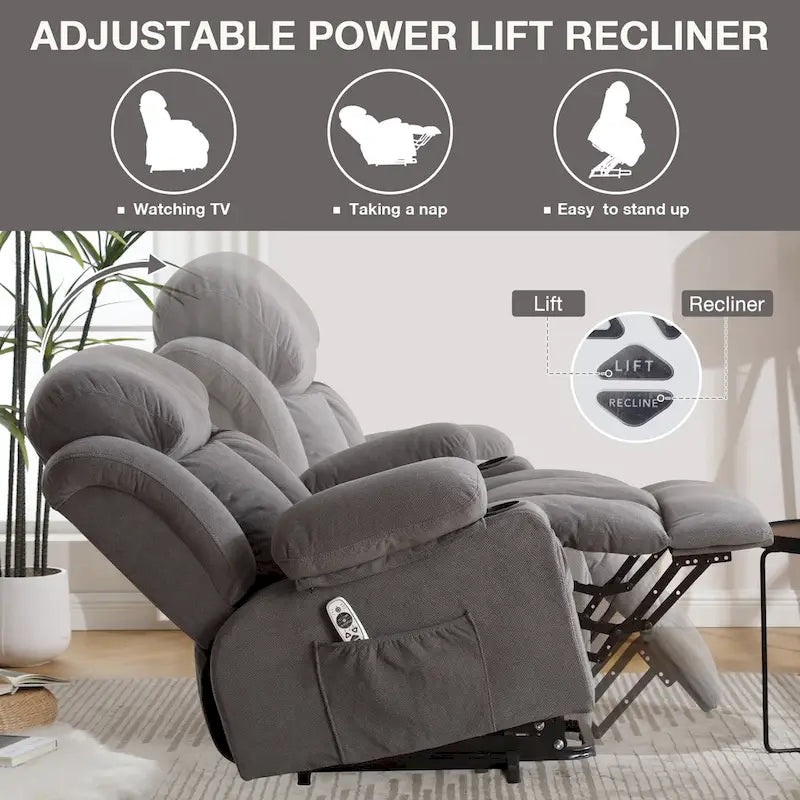 Grey Electric Power Lift Recliner with Heat, Massage, USB Port & Side Pockets