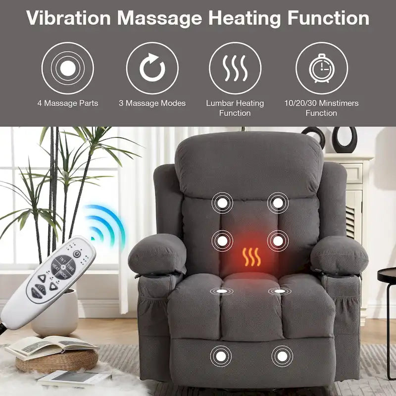 Grey Electric Power Lift Recliner with Heat, Massage, USB Port & Side Pockets
