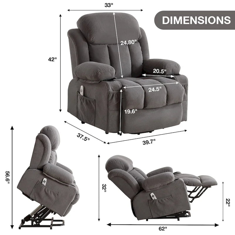 Grey Electric Power Lift Recliner with Heat, Massage, USB Port & Side Pockets