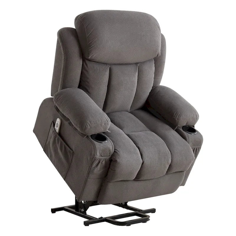 Grey Electric Power Lift Recliner with Heat, Massage, USB Port & Side Pockets