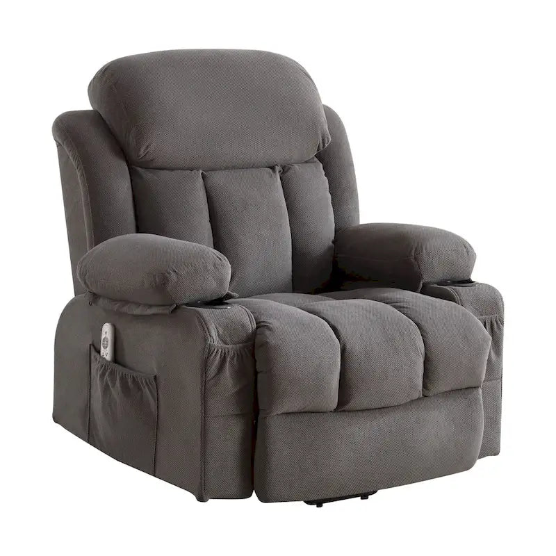Grey Electric Power Lift Recliner with Heat, Massage, USB Port & Side Pockets