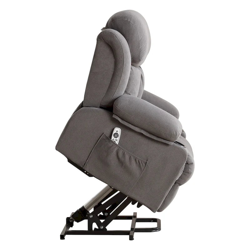 Grey Electric Power Lift Recliner with Heat, Massage, USB Port & Side Pockets