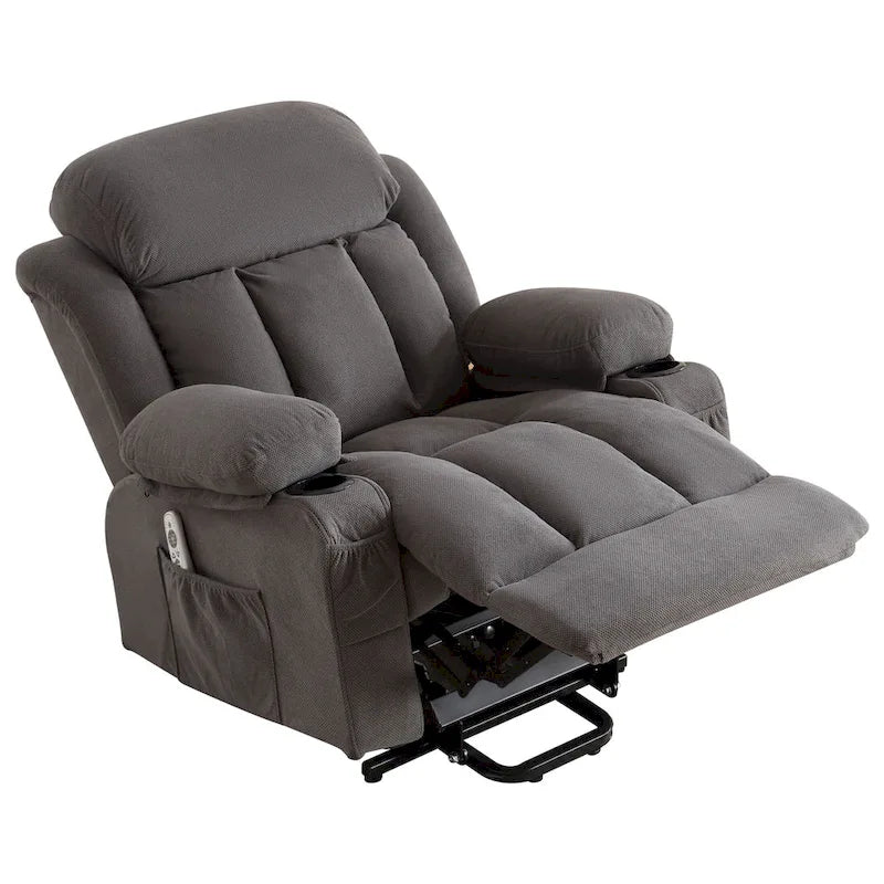 Grey Electric Power Lift Recliner with Heat, Massage, USB Port & Side Pockets