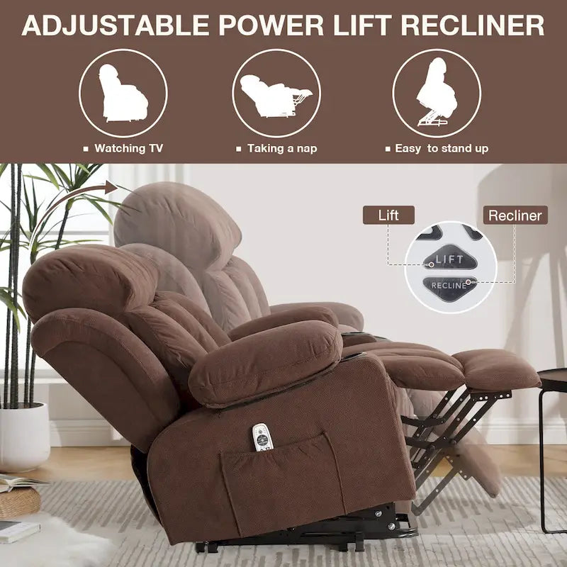 Grey Electric Power Lift Recliner with Heat, Massage, USB Port & Side Pockets