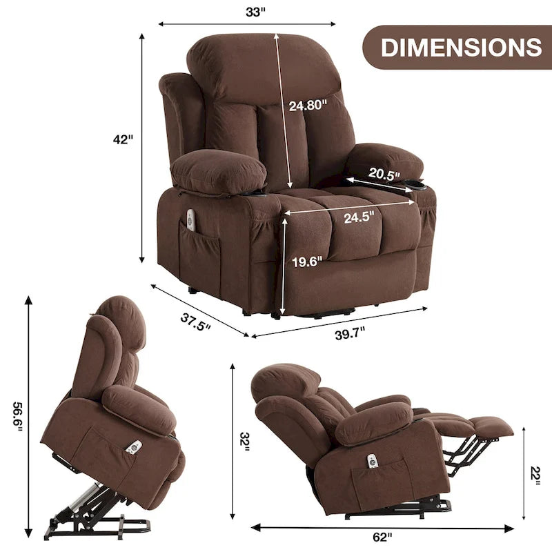 Grey Electric Power Lift Recliner with Heat, Massage, USB Port & Side Pockets