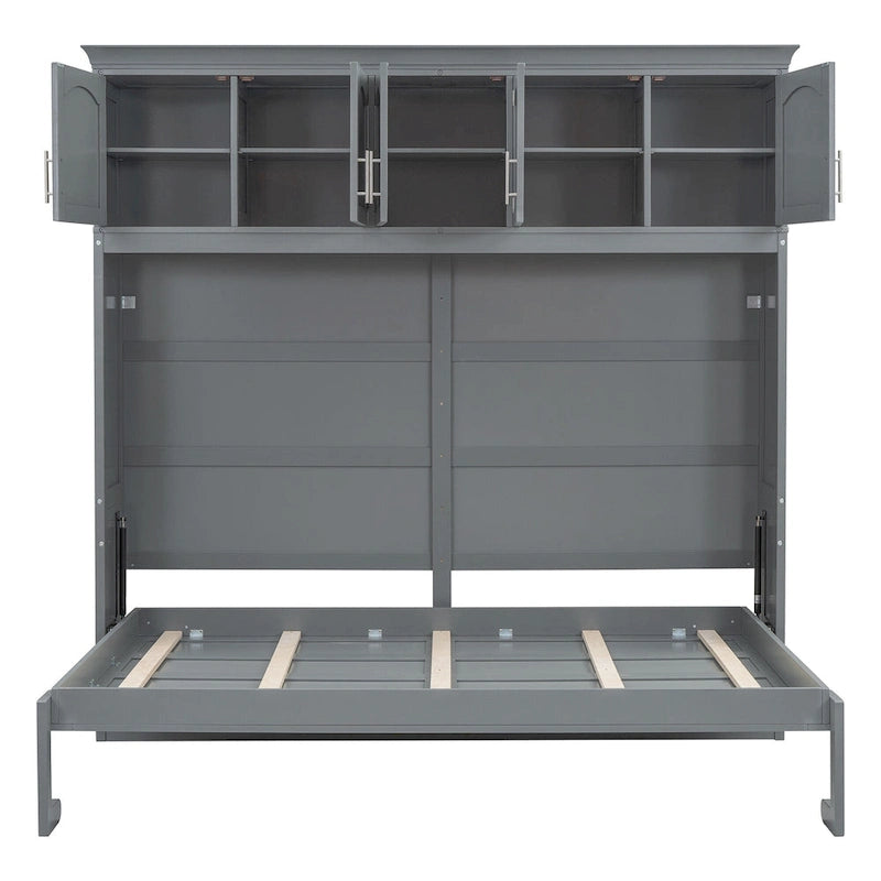 Gray Queen Size Multifunction Murphy Bed with Top Cabinets – Space-Saving Wall Bed