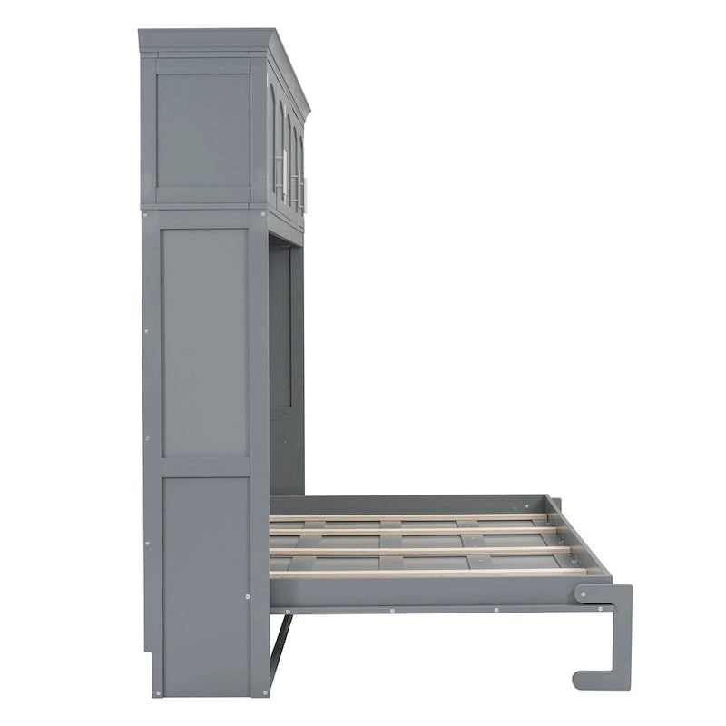 Gray Queen Size Multifunction Murphy Bed with Top Cabinets – Space-Saving Wall Bed