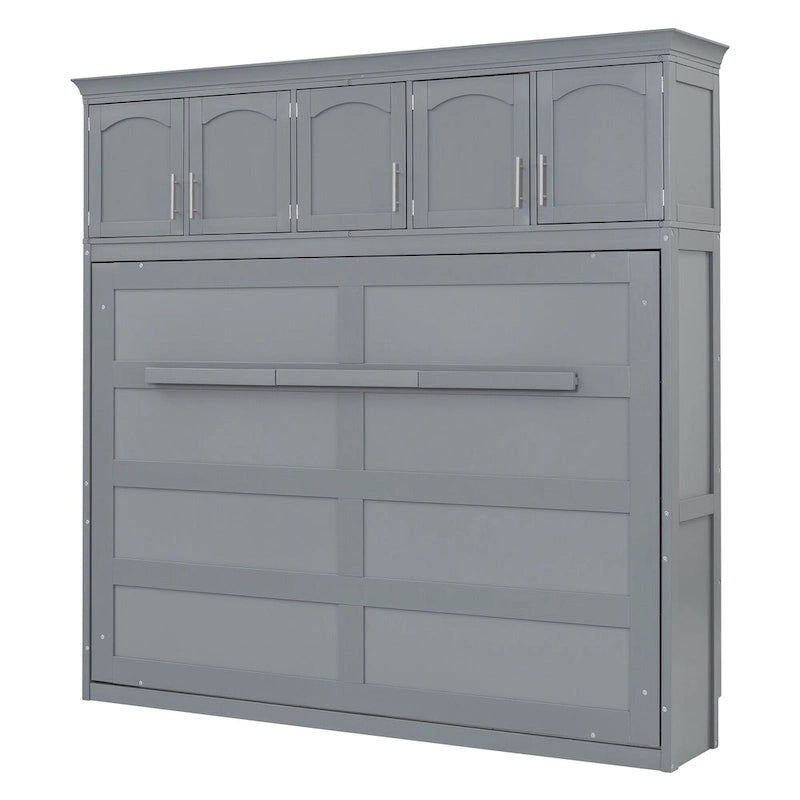 Gray Queen Size Multifunction Murphy Bed with Top Cabinets – Space-Saving Wall Bed