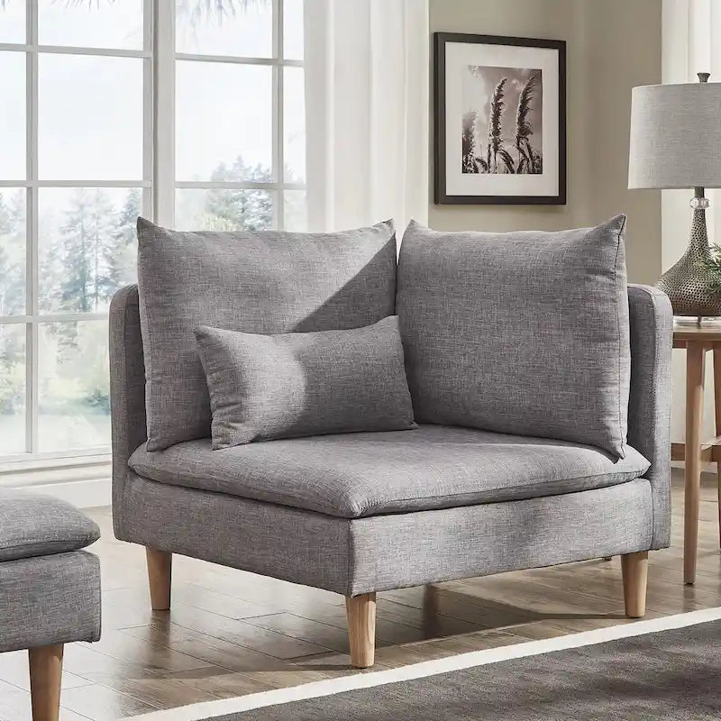 Modular Mid-Century Corner Chair – Grey Linen, Oak Legs, 2 Back Cushions & Accent Pillow