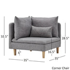 Modular Mid-Century Corner Chair – Grey Linen, Oak Legs, 2 Back Cushions & Accent Pillow