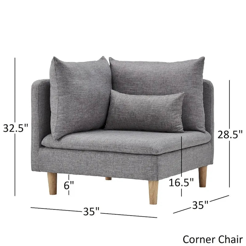 Modular Mid-Century Corner Chair – Grey Linen, Oak Legs, 2 Back Cushions & Accent Pillow