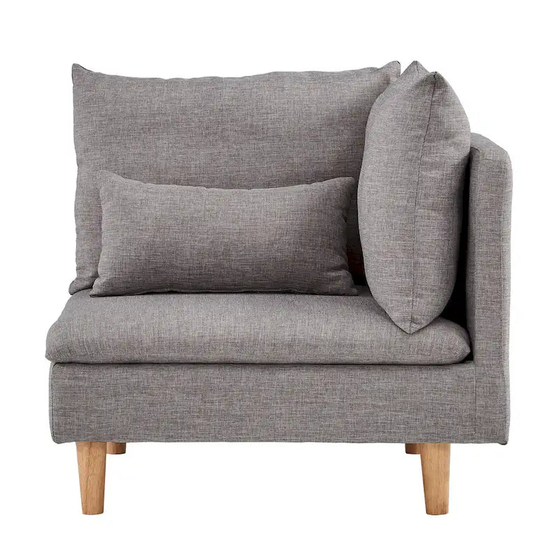 Modular Mid-Century Corner Chair – Grey Linen, Oak Legs, 2 Back Cushions & Accent Pillow