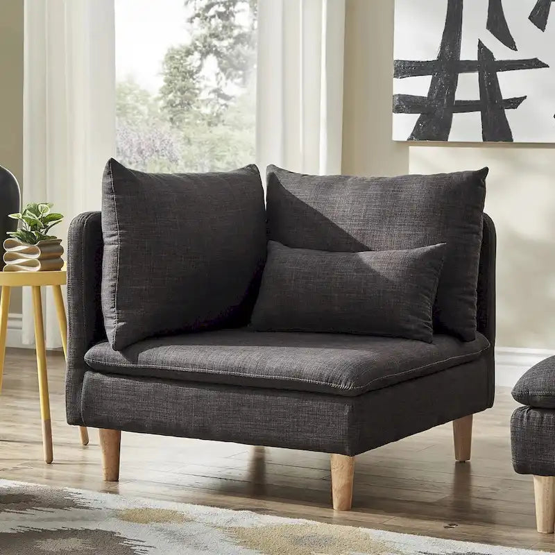 Modular Mid-Century Corner Chair – Grey Linen, Oak Legs, 2 Back Cushions & Accent Pillow