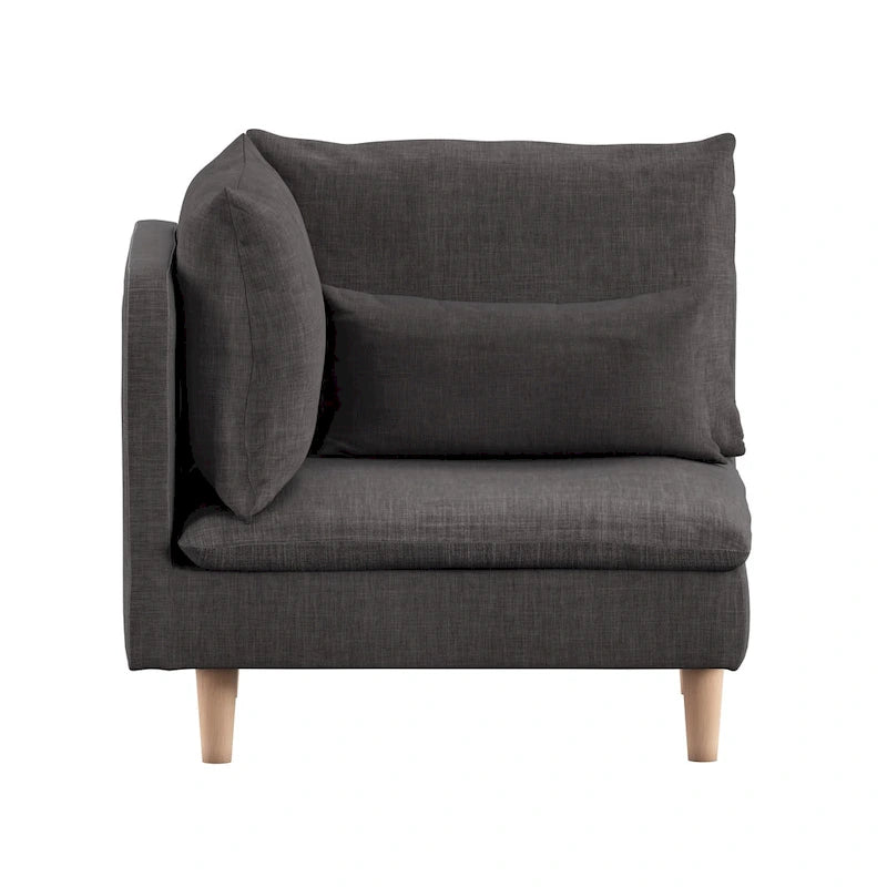 Modular Mid-Century Corner Chair – Grey Linen, Oak Legs, 2 Back Cushions & Accent Pillow