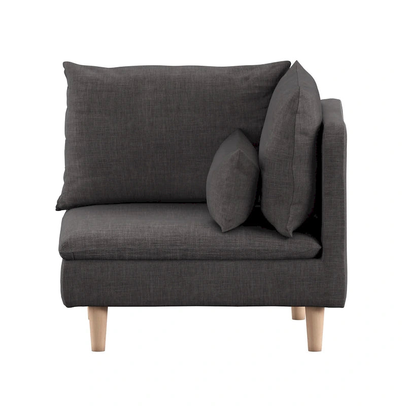 Modular Mid-Century Corner Chair – Grey Linen, Oak Legs, 2 Back Cushions & Accent Pillow