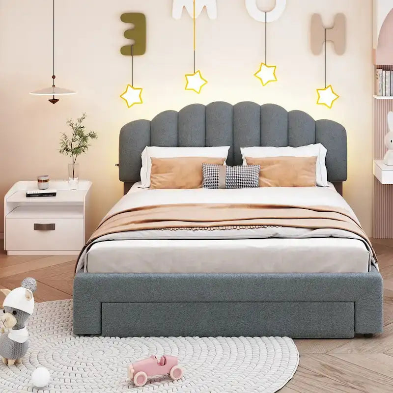 Teddy Fleece Queen Size Upholstered Platform Bed with Drawer