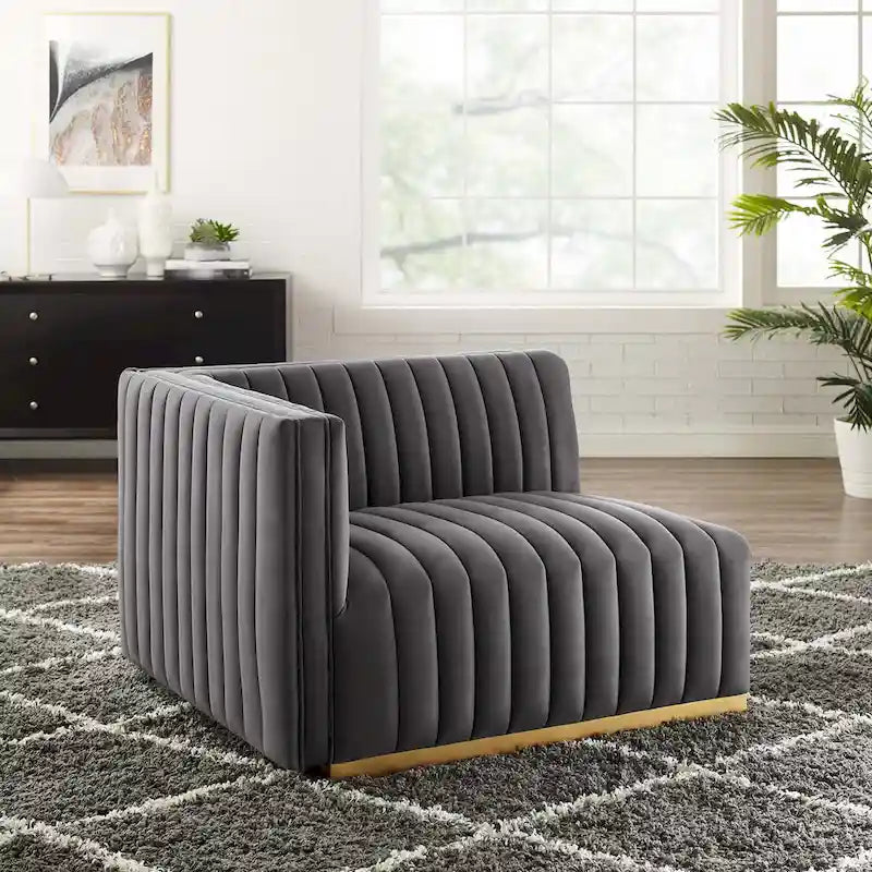 Channel Tufted Performance Velvet Left-Arm Chair with Gold Base – 5 Colors