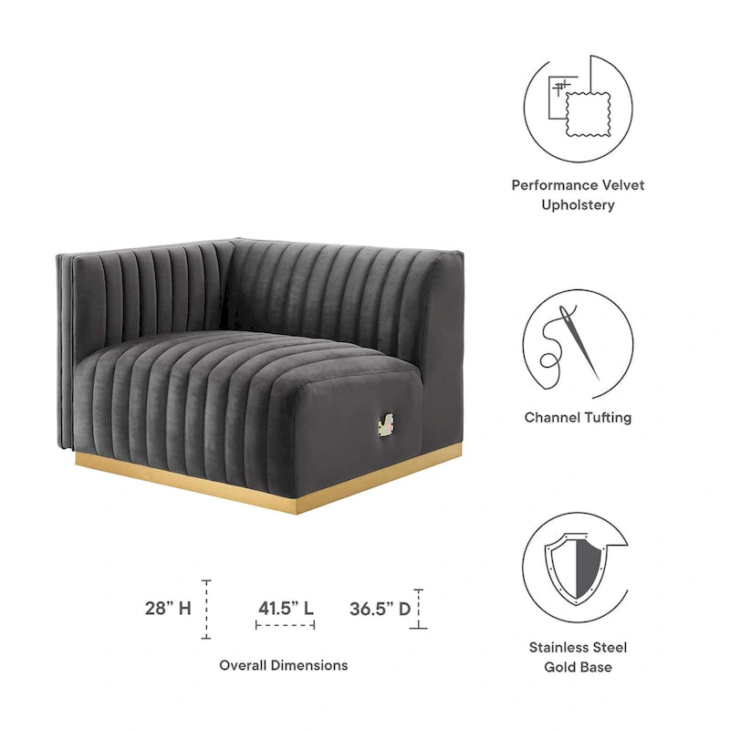 Channel Tufted Performance Velvet Left-Arm Chair with Gold Base – 5 Colors