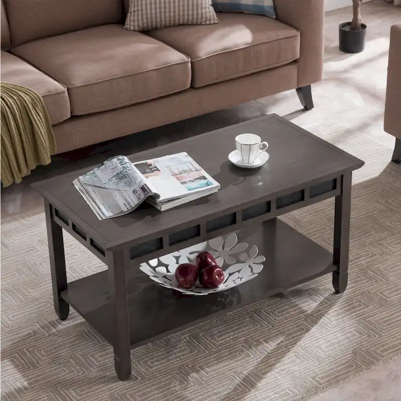 Rustic Slate Coffee Table with Display Shelf – Solid Wood, Compact Size